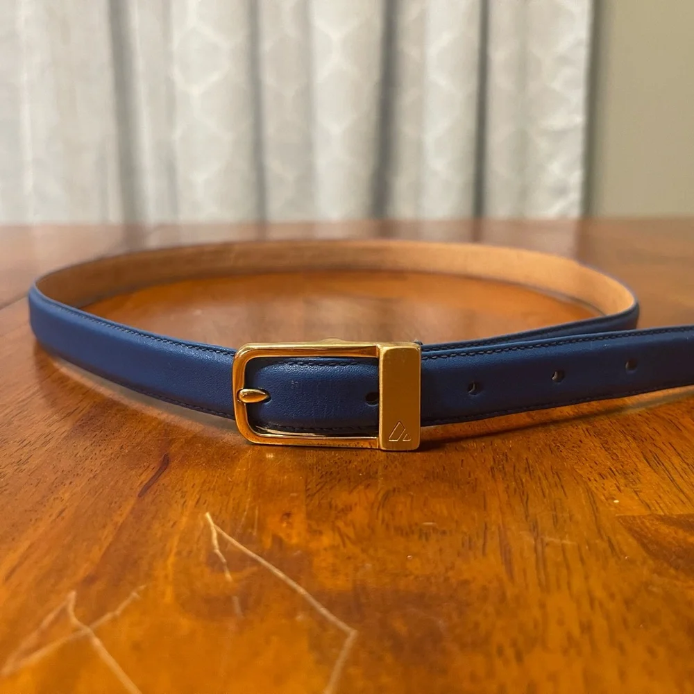 Classic Navy Leather Belt with Gold Buckle